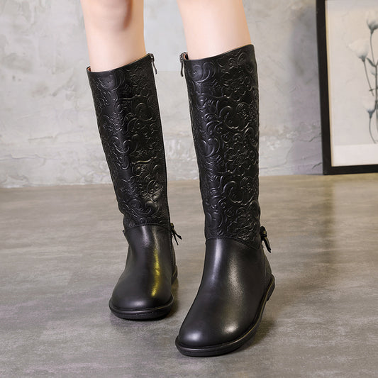 Elegant Embossed Flowers Shoes Woman Latest Old-Fashioned Design High Boots Side Zipper Low Heel Lady Genuine Leather Boots - LiveTrendsX