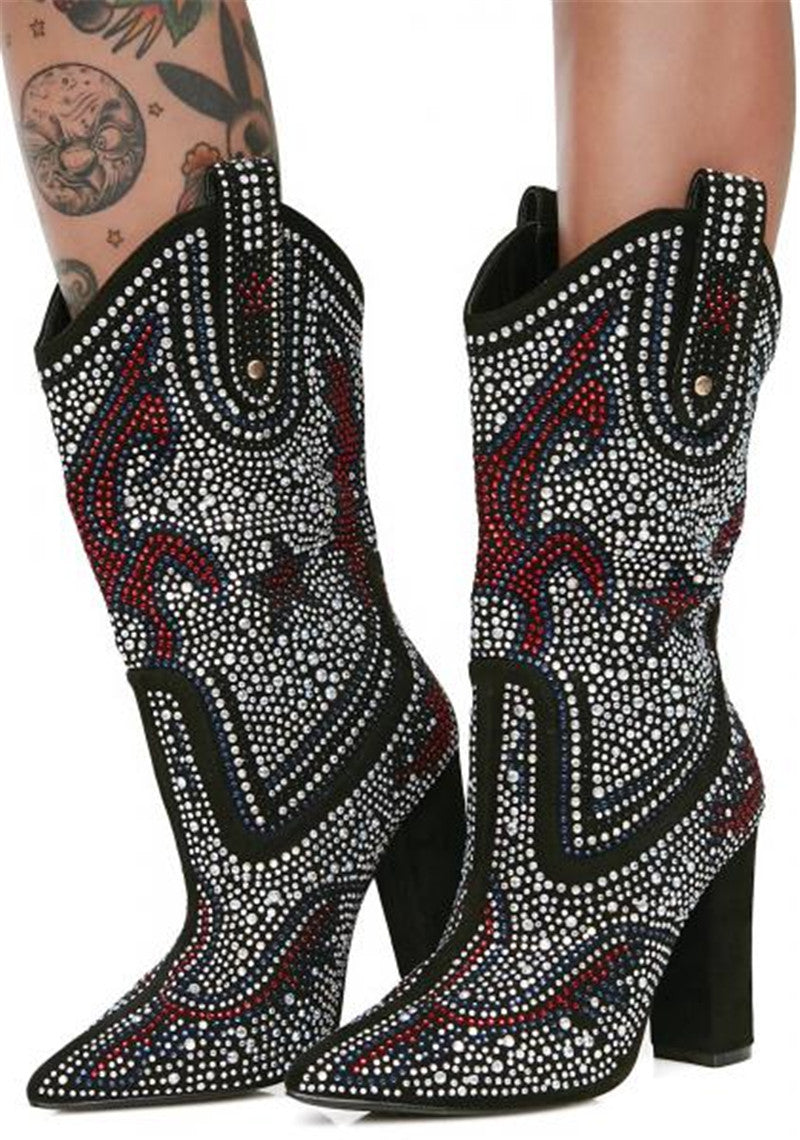 Sexy Black Denim Blue Cowboy Boots For Women Luxurious Crystal Rhinestone Studded Mid Calf Boots Chunky Heels Pointy Shoes Women - LiveTrendsX
