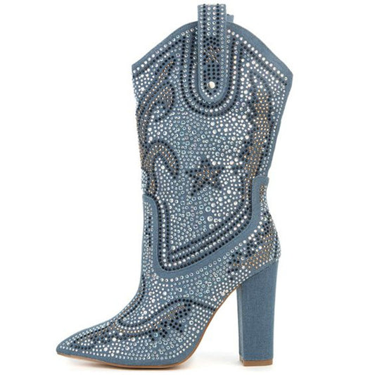Sexy Black Denim Blue Cowboy Boots For Women Luxurious Crystal Rhinestone Studded Mid Calf Boots Chunky Heels Pointy Shoes Women - LiveTrendsX