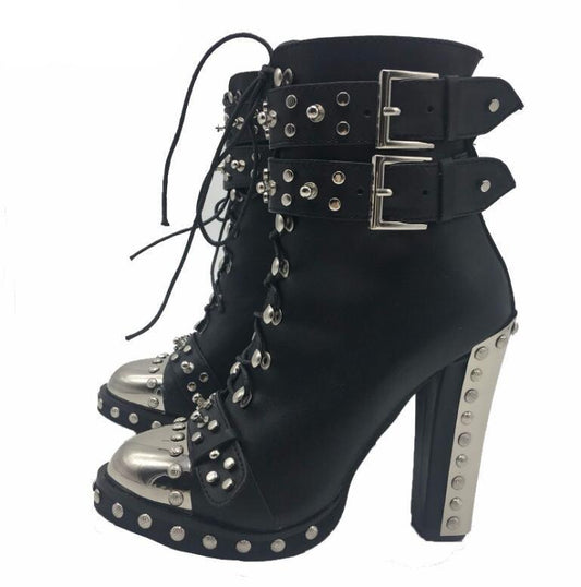 Punk style Boots women metal rivets studded leather Ankle Boots Round toe side lace up Strap buckled high heels martin boots - LiveTrendsX