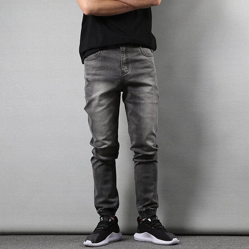 Japanese Style Fashion Mens Jeans Gray Color Slim Fit Tapered Trousers Hip Hop Jogger Jeans Men Vintage Design Denim Cargo Pants - LiveTrendsX