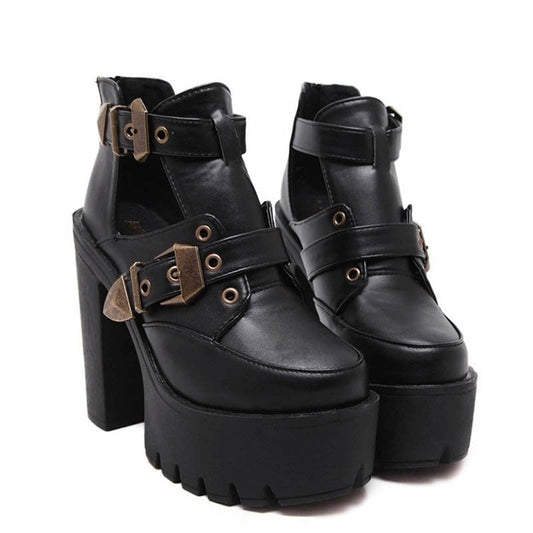 女性用 中空プラットフォーム アンクルブーツ シューズ ブラック