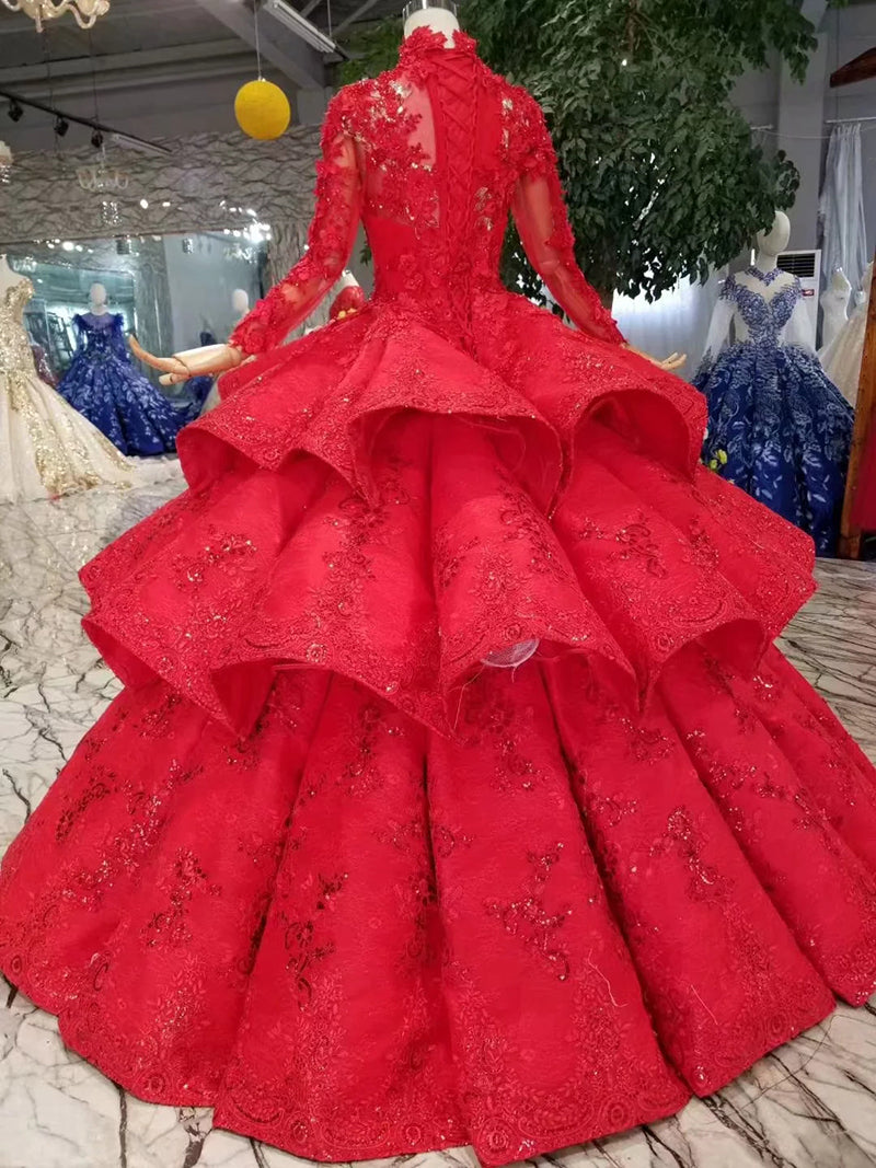 ball gown evening dresses high neck long sleeves lace up back rose wedding party dresses pleat multi-layer vestido longo - LiveTrendsX
