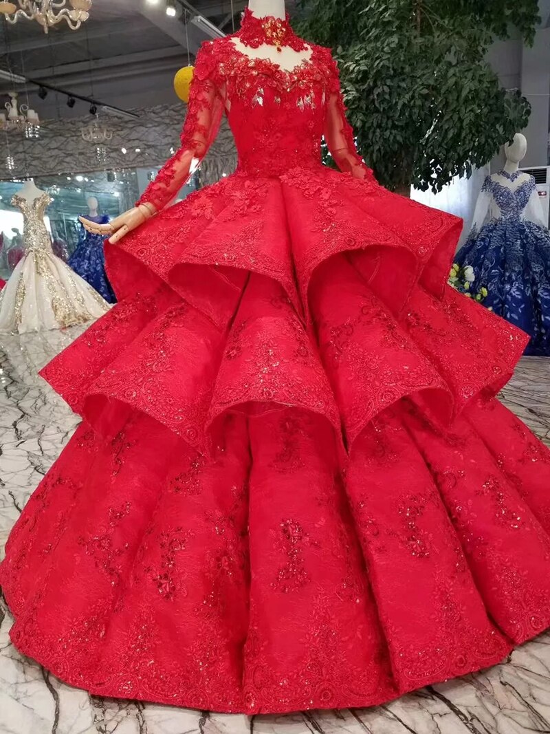 ball gown evening dresses high neck long sleeves lace up back rose wedding party dresses pleat multi-layer vestido longo - LiveTrendsX