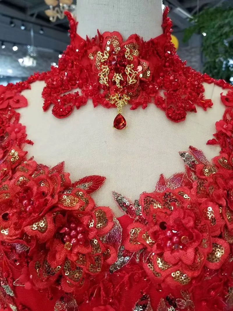 ball gown evening dresses high neck long sleeves lace up back rose wedding party dresses pleat multi-layer vestido longo - LiveTrendsX