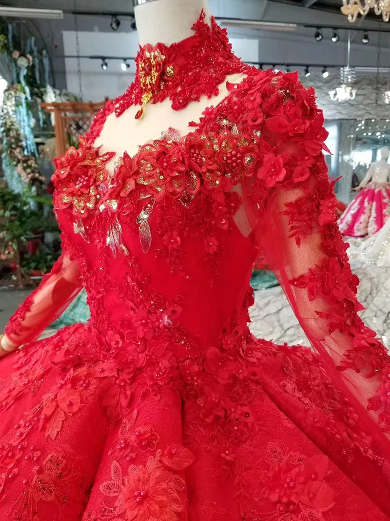 ball gown evening dresses high neck long sleeves lace up back rose wedding party dresses pleat multi-layer vestido longo - LiveTrendsX