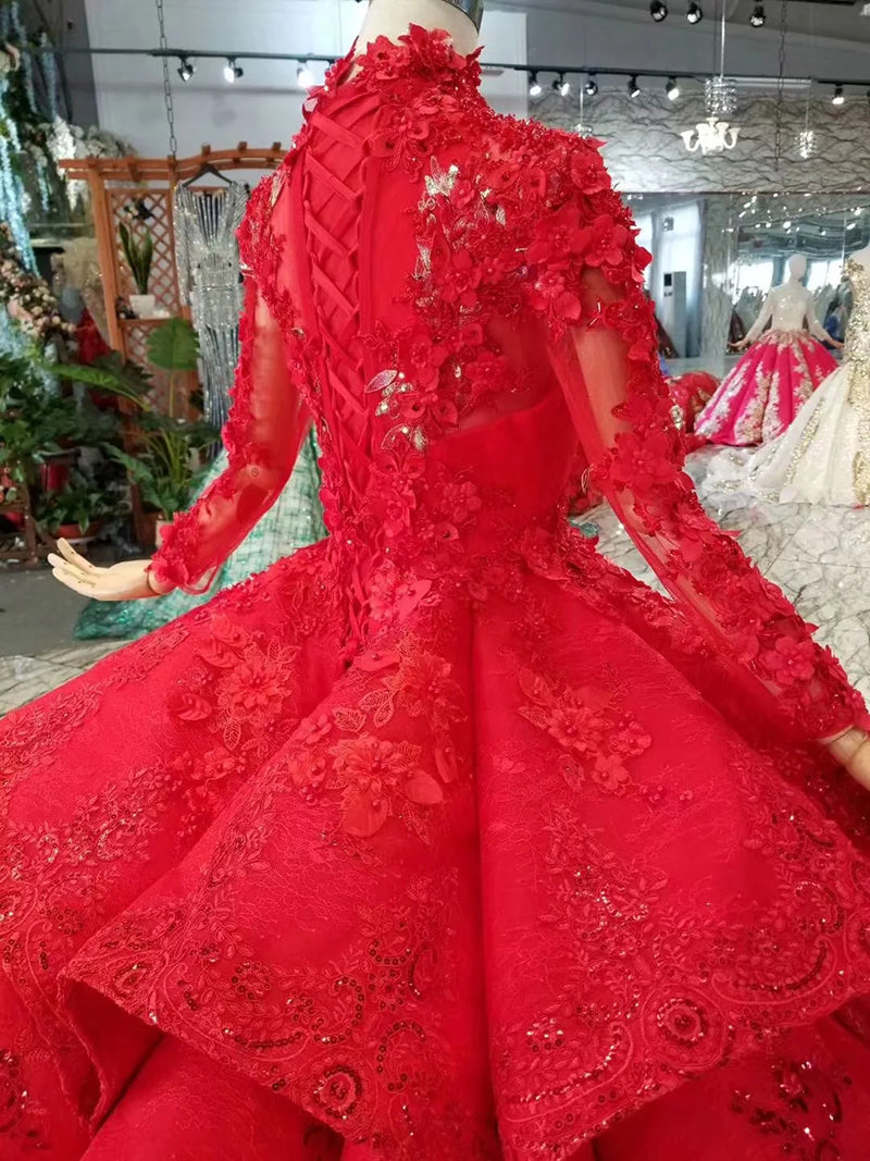 ball gown evening dresses high neck long sleeves lace up back rose wedding party dresses pleat multi-layer vestido longo - LiveTrendsX
