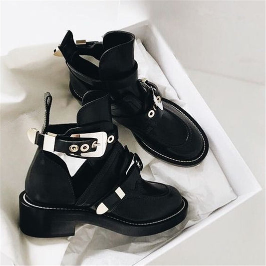 Punk Booties Buckle Straps Thick Heel Black Ankle Boots Cut Out Woman Boots Motorcycle Brand Designers Round Toe Summer Shoes - LiveTrendsX