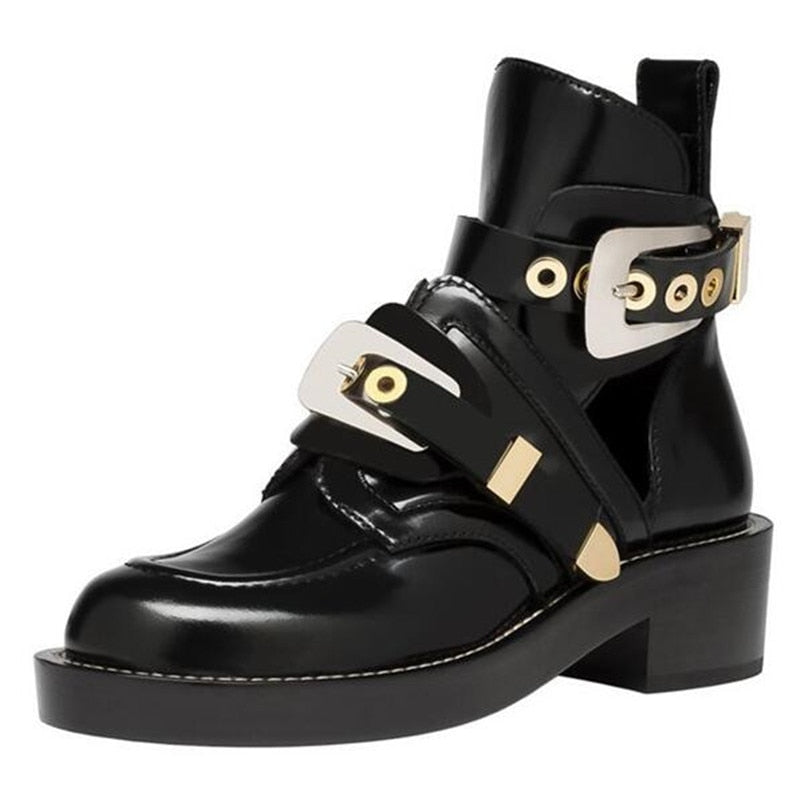 Punk Booties Buckle Straps Thick Heel Black Ankle Boots Cut Out Woman Boots Motorcycle Brand Designers Round Toe Summer Shoes - LiveTrendsX