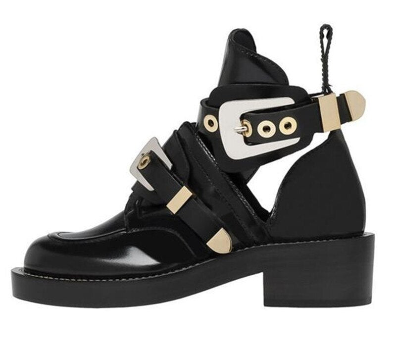 Punk Booties Buckle Straps Thick Heel Black Ankle Boots Cut Out Woman Boots Motorcycle Brand Designers Round Toe Summer Shoes - LiveTrendsX