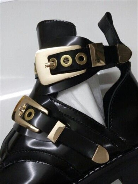 Punk Booties Buckle Straps Thick Heel Black Ankle Boots Cut Out Woman Boots Motorcycle Brand Designers Round Toe Summer Shoes - LiveTrendsX
