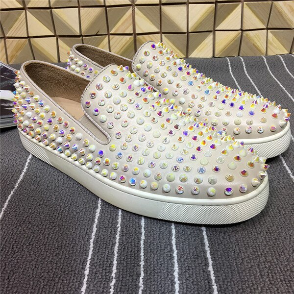 Colorful Low Top Rivets Studded Women Loafers Runway Slip On Round Gladiator Shoes Pink Genuine Leather Casual Shoes Flats - LiveTrendsX