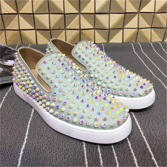 Colorful Low Top Rivets Studded Women Loafers Runway Slip On Round Gladiator Shoes Pink Genuine Leather Casual Shoes Flats - LiveTrendsX