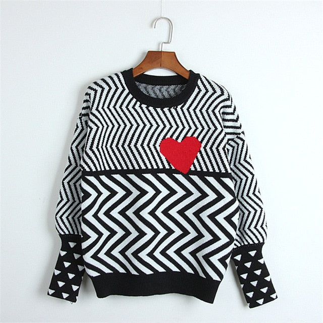 Autumn Winter Women Sweaters Geometric Heart Pattern Long Sleeve Tops Lovely Pullovers Knitted Loose Sweaters Tops - LiveTrendsX