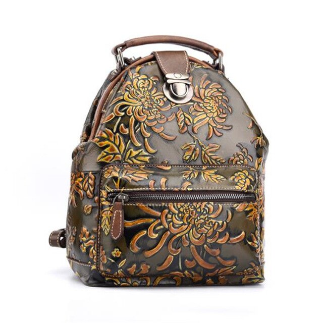 Women big capacity backpack creative floral three-dimensional embossed female shoulder bags vintage color cow leather bags - LiveTrendsX
