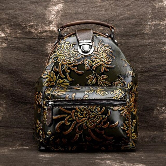 Women big capacity backpack creative floral three-dimensional embossed female shoulder bags vintage color cow leather bags - LiveTrendsX