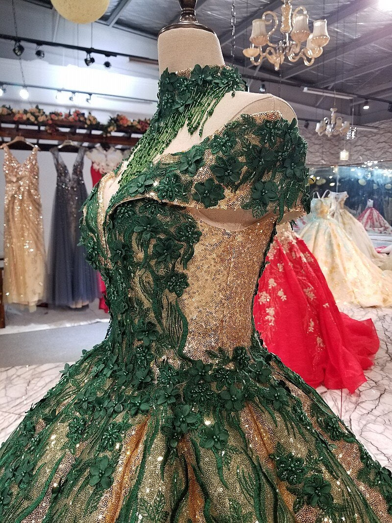 green flower decorate special shiny dress with beaded shoulder chain off shoulder floor length evening dress with collar - LiveTrendsX