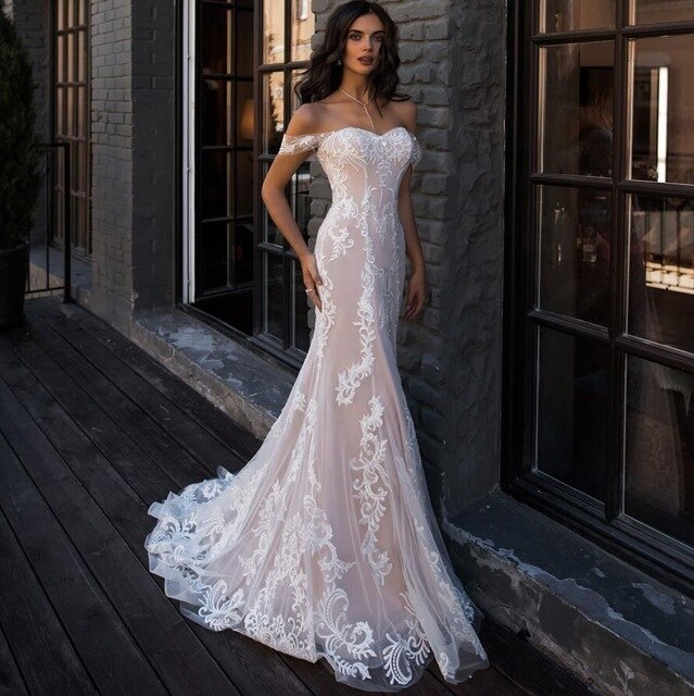 Sexy Mermaid Wedding Dress Off the Shoulder Sleeveless Applique Lace Wedding Gowns Robe De Mariage for Bride - LiveTrendsX