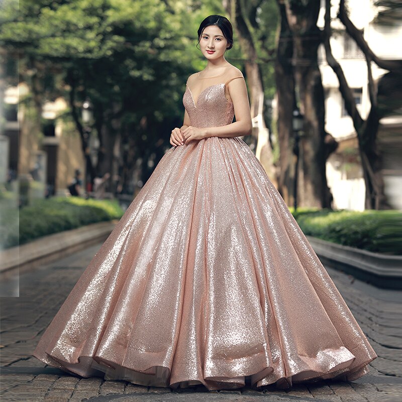shiny puffy floor length evening dress with glitter o-neck cap sleeves backless women occasion party dress - LiveTrendsX