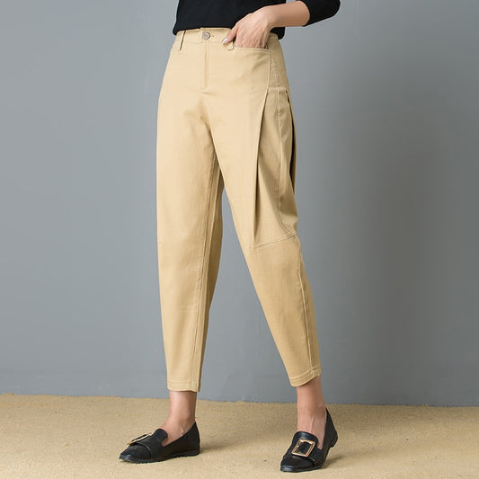 Harem Pants Women 97% Cotton Mid Waist Pockets Ankle Length 2 Colors Pants Simple Design Vintage Style - LiveTrendsX