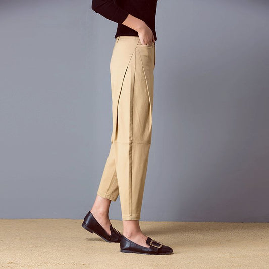 Harem Pants Women 97% Cotton Mid Waist Pockets Ankle Length 2 Colors Pants Simple Design Vintage Style - LiveTrendsX