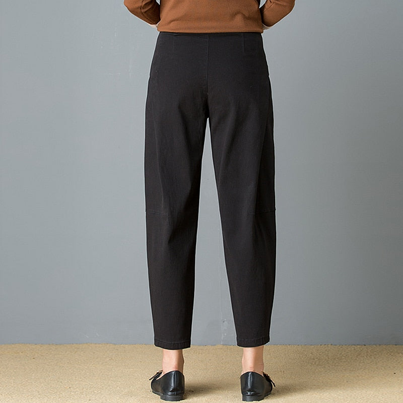 Harem Pants Women 97% Cotton Mid Waist Pockets Ankle Length 2 Colors Pants Simple Design Vintage Style - LiveTrendsX