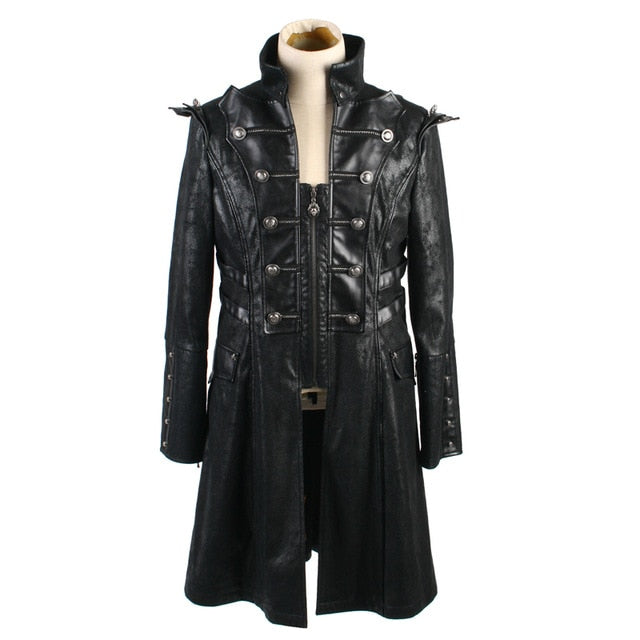 Steampunk Military Uniform Autumn Winter Punk Jacket Fashion Casual Overcoats Gothic Retro Style Faux Leather Long Coats for Men - LiveTrendsX