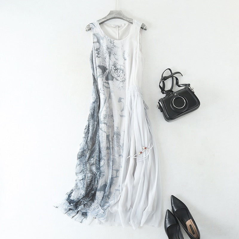 Dress Women 100% Silk Fabric A-Line Dropped Waist Design O Neck Sleeveless Sashes 2 Colors Elegant Long Dress - LiveTrendsX