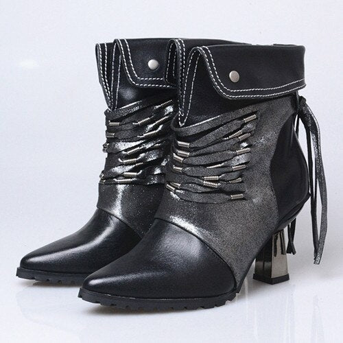 Fashion Handmade Patchwork Ankle Boots Women Pointed Toe Tassels High Heel Short Boots Female Fringed Martin Boot - LiveTrendsX