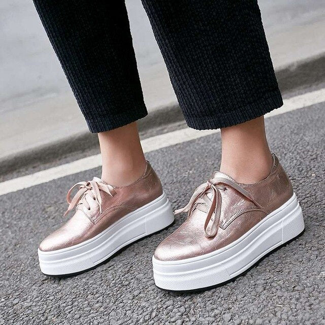 concise sneakers genuine leather thick high bottom waterproof lace up round toe daily wear shallow Vulcanized shoes - LiveTrendsX