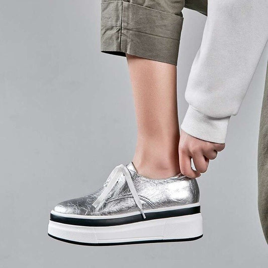 concise sneakers genuine leather thick high bottom waterproof lace up round toe daily wear shallow Vulcanized shoes - LiveTrendsX