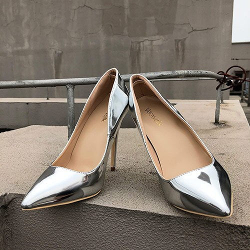 Glossy Silver Patent Leather Women Sexy Pointed Toe High Heel Shoes