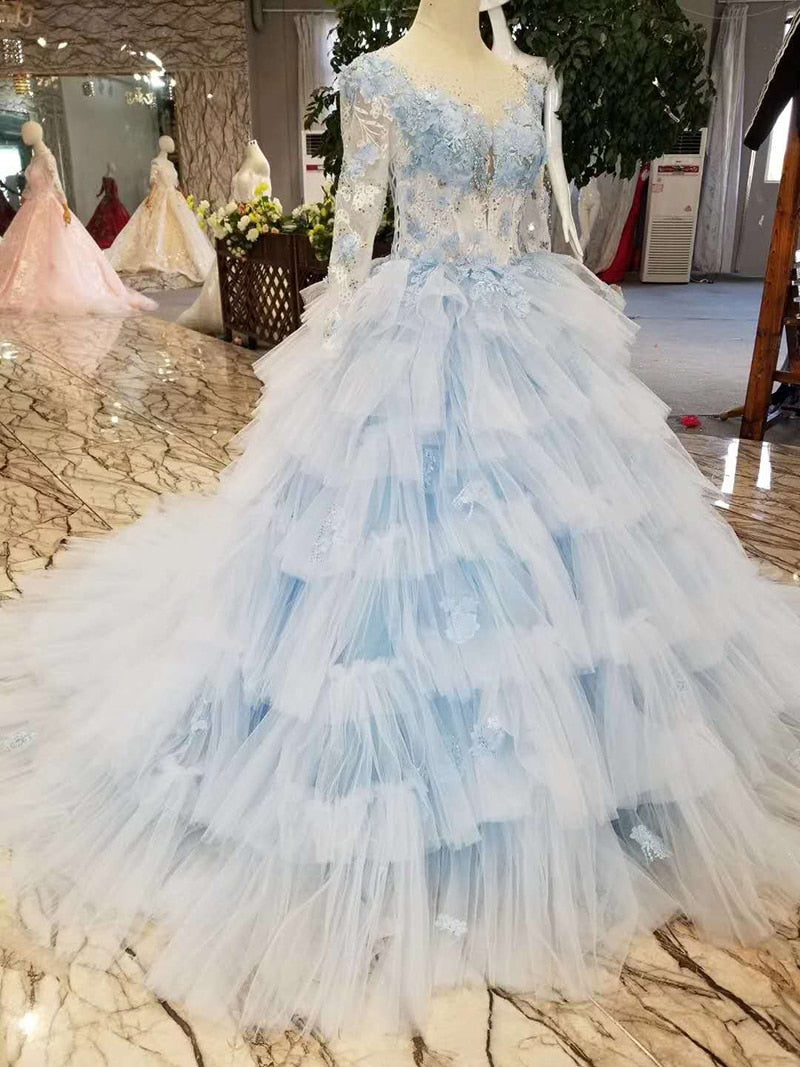 light blue evening dresses fairy o neck long tulle sleeve back 3D flower cake style beauty girls pageant dress more layer - LiveTrendsX