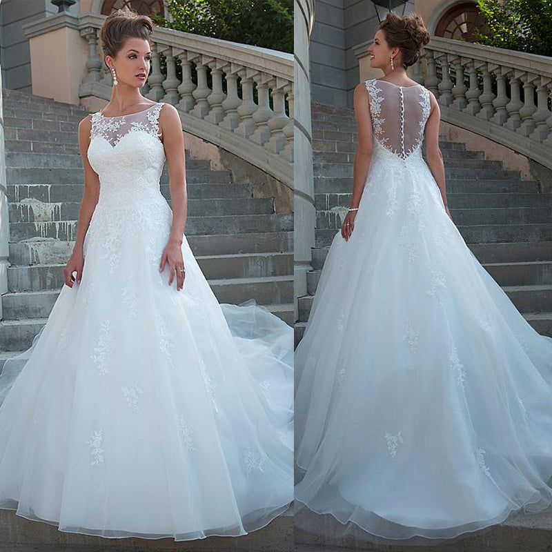 Chic Tulle Organza Scoop Neckline Natural Waistline A-line Wedding Dress With Lace Appliques Bridal Dress vestido de novia - LiveTrendsX