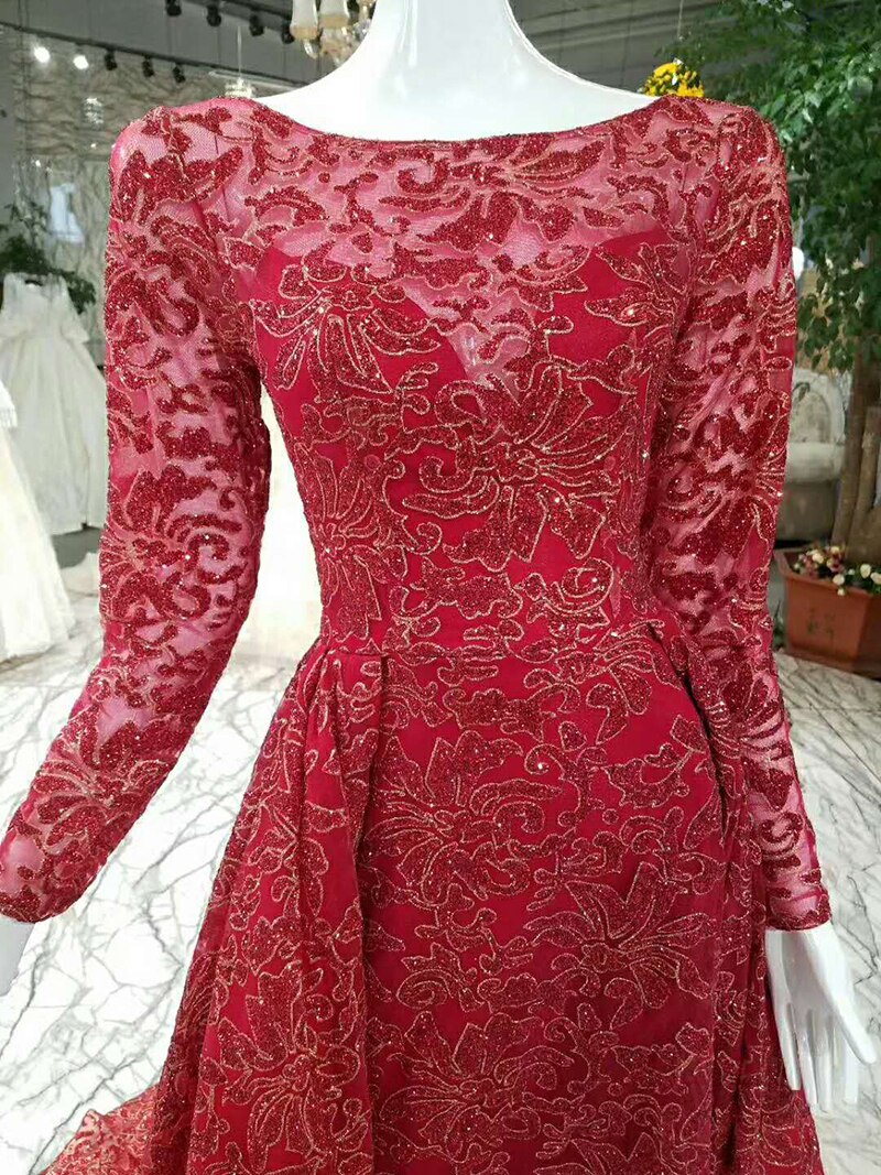 Shiny red evening dress long sleeve zipper back A line formal dress vestido longo de festa - LiveTrendsX