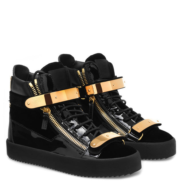 Black Patchwork Men Casual Shoes Lace Up Gold Metal Sneaker - LiveTrendsX