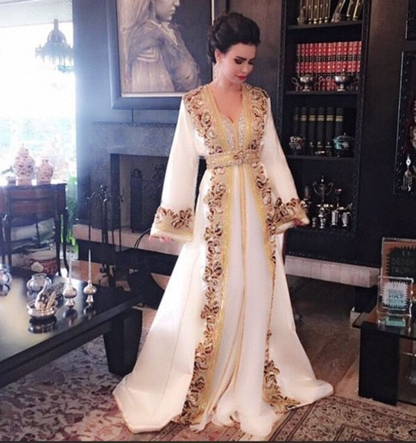 New White Beaded Muslim Long Evening Dresses Luxury Dubai Moroccan Kaftan Dress Long Sleeves Formal dress Evening party gown - LiveTrendsX