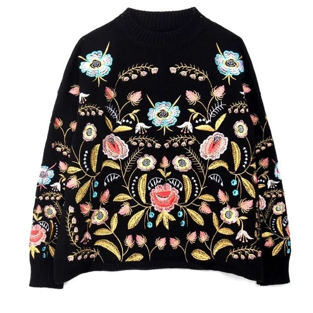 Round Collar Flowers Embroidery Top Loose Korean Spring Autumn Long Sleeve Woman's New Fashion Sweater FA50001 - LiveTrendsX