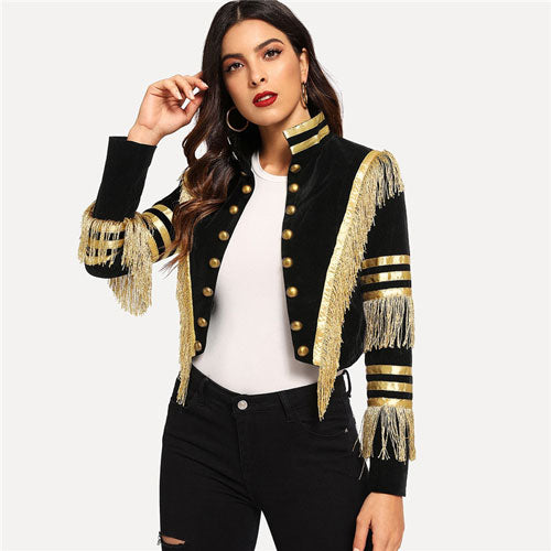 Lady Fringe Patched Metallic Double Breasted Stripe Black Gothic Jacket Women Autumn Stand Collar Cropped Jacket - LiveTrendsX