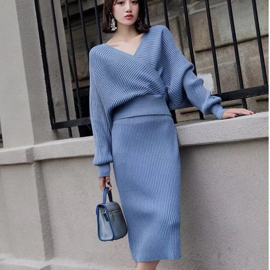 spring bling knitted 2 piece set women lantern sleeve v neck sweater elastic waist knitted skirt female sweater suit N945 - LiveTrendsX