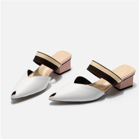 soft natural genuine leather women flip flops medium heels women summer fashion sexy slippers pointed toe slides - LiveTrendsX