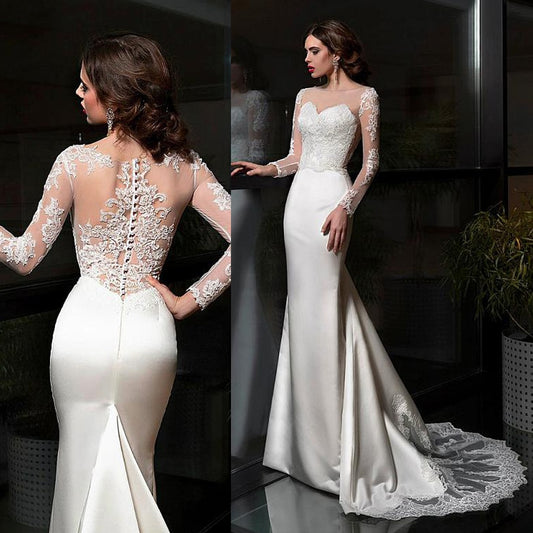 Elegant Satin Bateau Neckline Sheath Wedding Dresses With Lace Appliques Train Long Sleeves Bridal Dress - LiveTrendsX