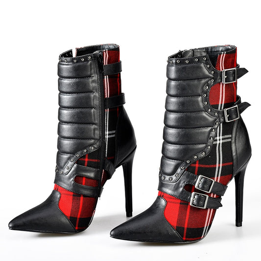 Women High Heels Ankle Boots for Women Pointed Toe Boots Ladies Red Plaid Boots Motorcycle Boots - LiveTrendsX
