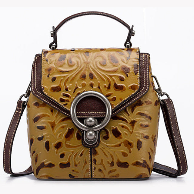 Vintage Women Genuine Leather Backpack Luxury Designer Embossed Small Daypack Ladies Cowhide Shoulder Crossbody Bags - LiveTrendsX