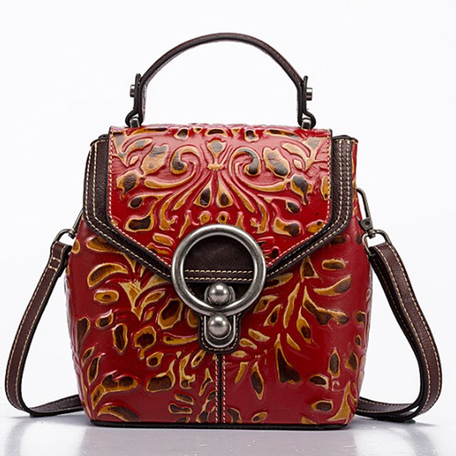 Vintage Women Genuine Leather Backpack Luxury Designer Embossed Small Daypack Ladies Cowhide Shoulder Crossbody Bags - LiveTrendsX