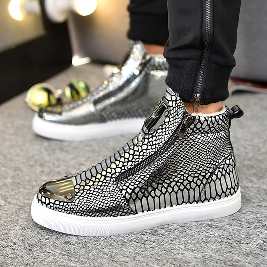 Winter Shoes Men Fashion Bling High Top Zipper Men Sneakers Height Increasing PU Leather Fur Lined Cotton Men Shoes Size 39-44 - LiveTrendsX