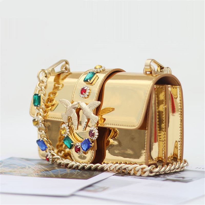 Gold Diamond Chain Strap Golden Glossy Genuine Leather Handbags Fancy Diamond Rivet Pearl Chain Shoulder Messenger Bag Louis Bag - LiveTrendsX