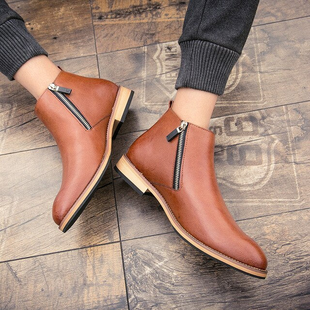 Ankle Round Toe Zip Men Chelsea Boots  Low Sewing Solid Vintage Motorcycle Boots  Leisure British Style Shoes - LiveTrendsX