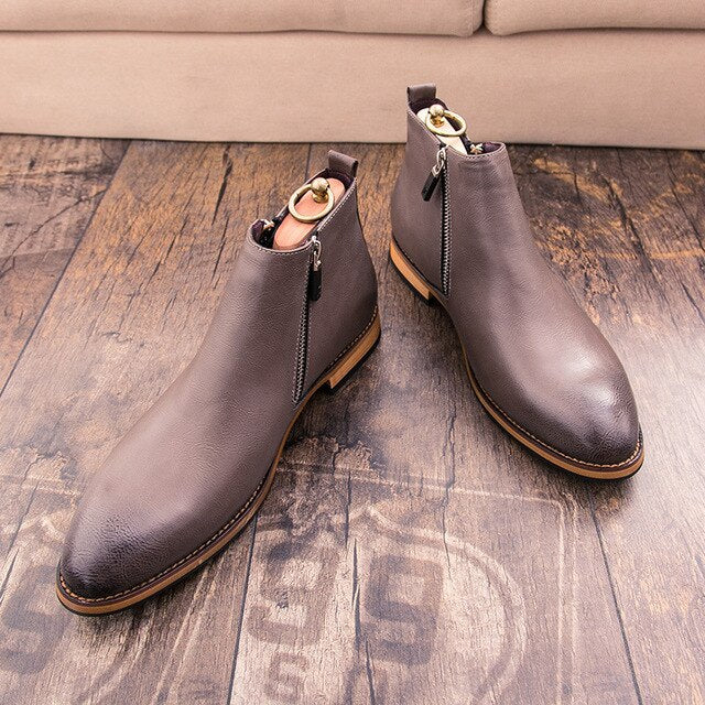 Ankle Round Toe Zip Men Chelsea Boots  Low Sewing Solid Vintage Motorcycle Boots  Leisure British Style Shoes - LiveTrendsX