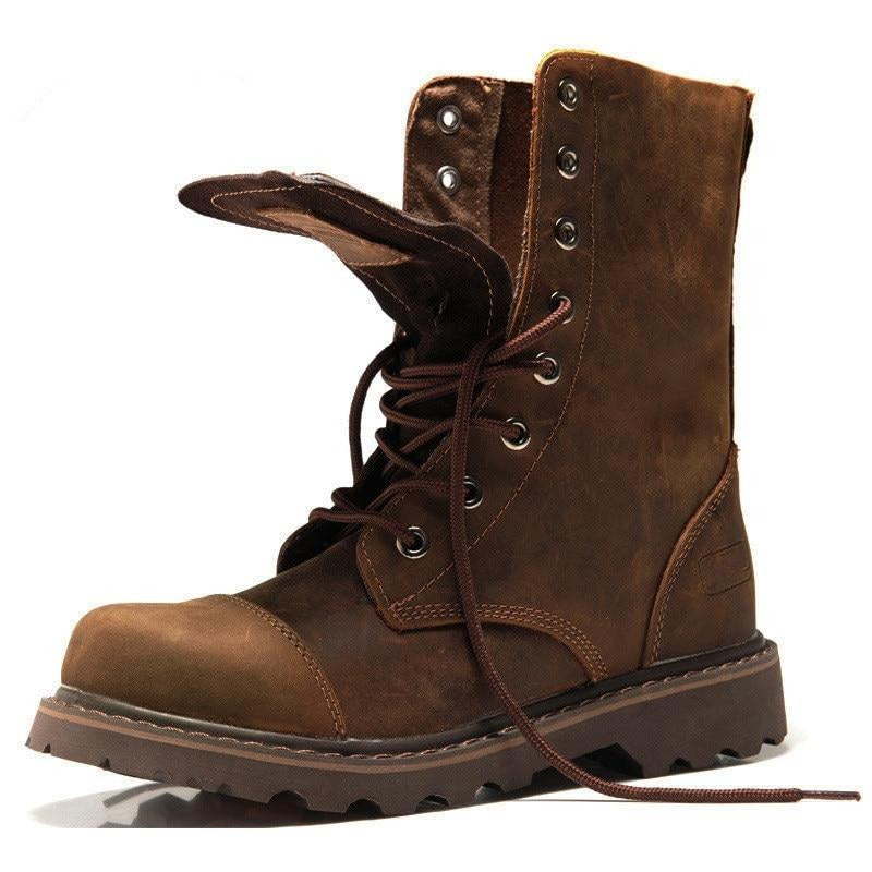 HOT! Genuine Leather Mens Round Toe Lace Up Mid-calf Boots Work Safety Soldiers Ridding Boots Man Winter Snow Boots - LiveTrendsX